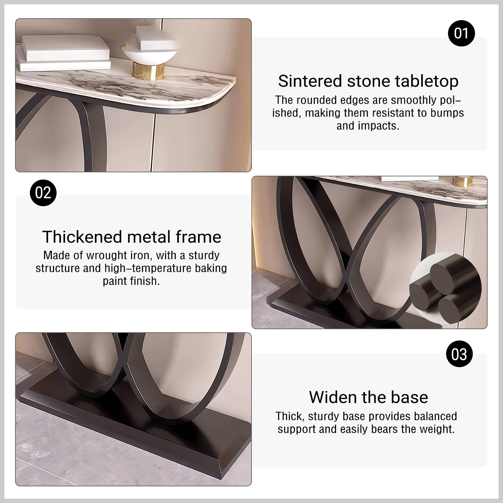 Consolle, Tavolino d'ingresso stretto effetto marmo con base geometrica in metallo, Tavolini d'appoggio contemporanei, Base decorativa creativa in acciaio al carbonio (Nero+Bianco, 120 cm/47,2")