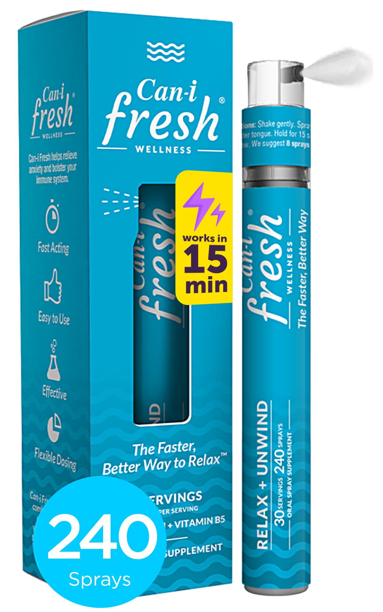 Cani Brands Feel Amazing Can-i Fresh Stress Relief Spray with GABA and L-Theanine is a Fast-Acting Oral Supplement That Promotes Relaxation and Calmness, with 30 Servings