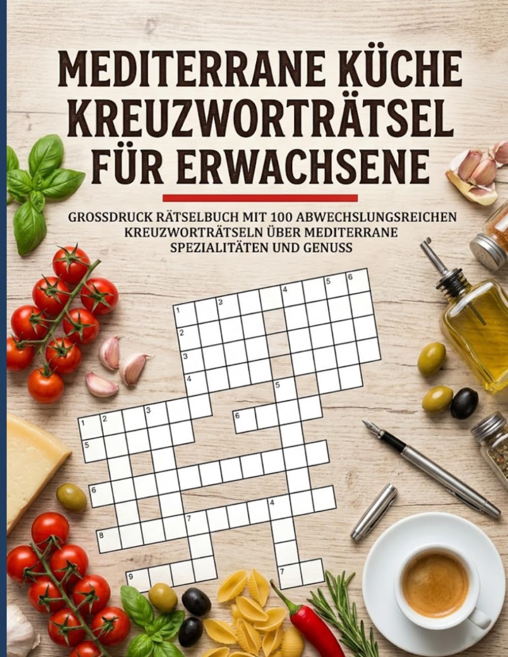 Mediterrane Küche Kreuzworträtsel für Erwachsene: Großdruck Rätselbuch mit 100 abwechslungsreichen Kreuzworträtseln über mediterrane Spezialitäten und Genuss