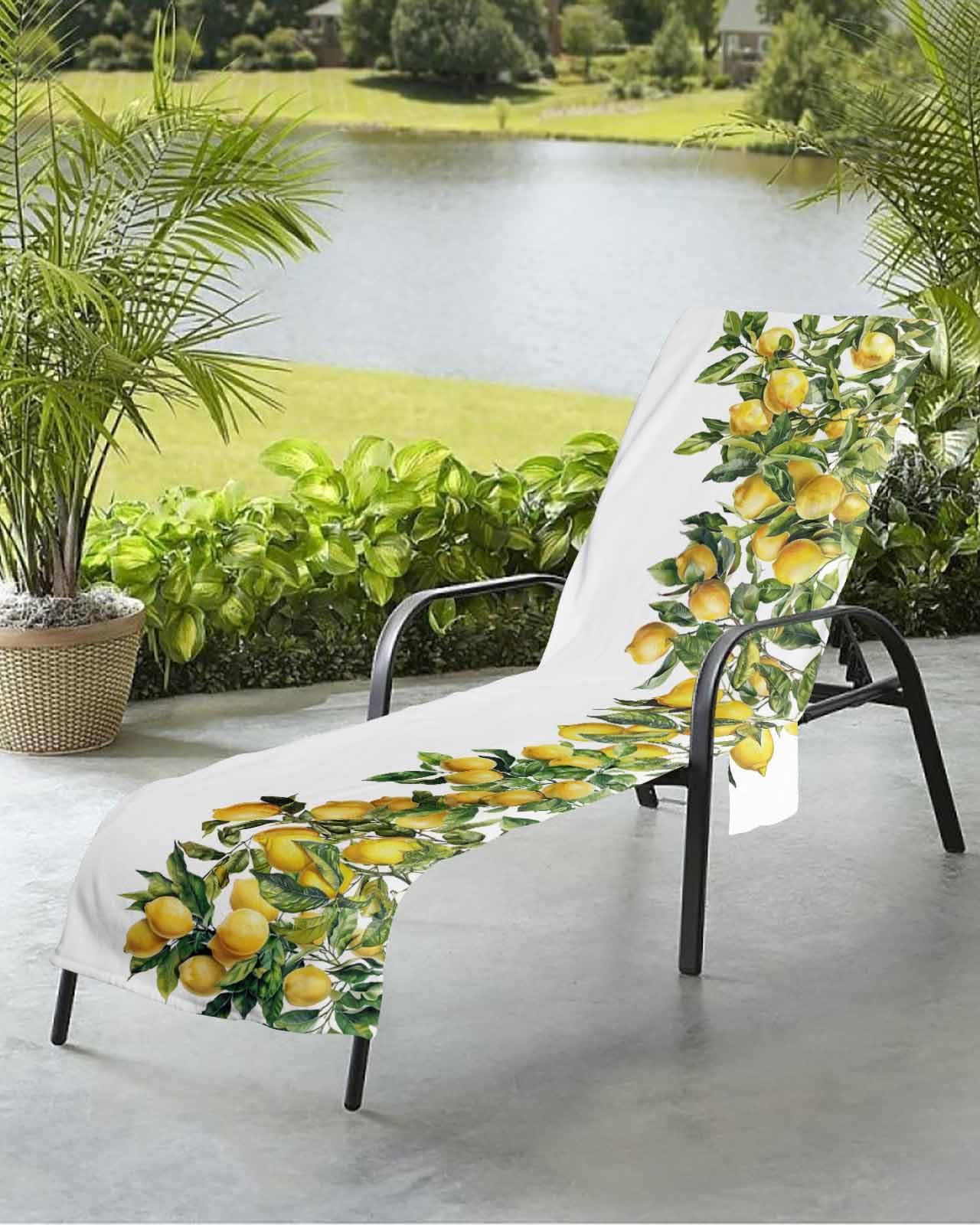 Beach Pool Patio Lounge Chaise Chair Cover Towel with Pockets,Green Lemon Absorbent & Quick Dry Microfiber Towel Cover Bag Summer Travel Accessories Watercolor Trpical Summer Fruit White