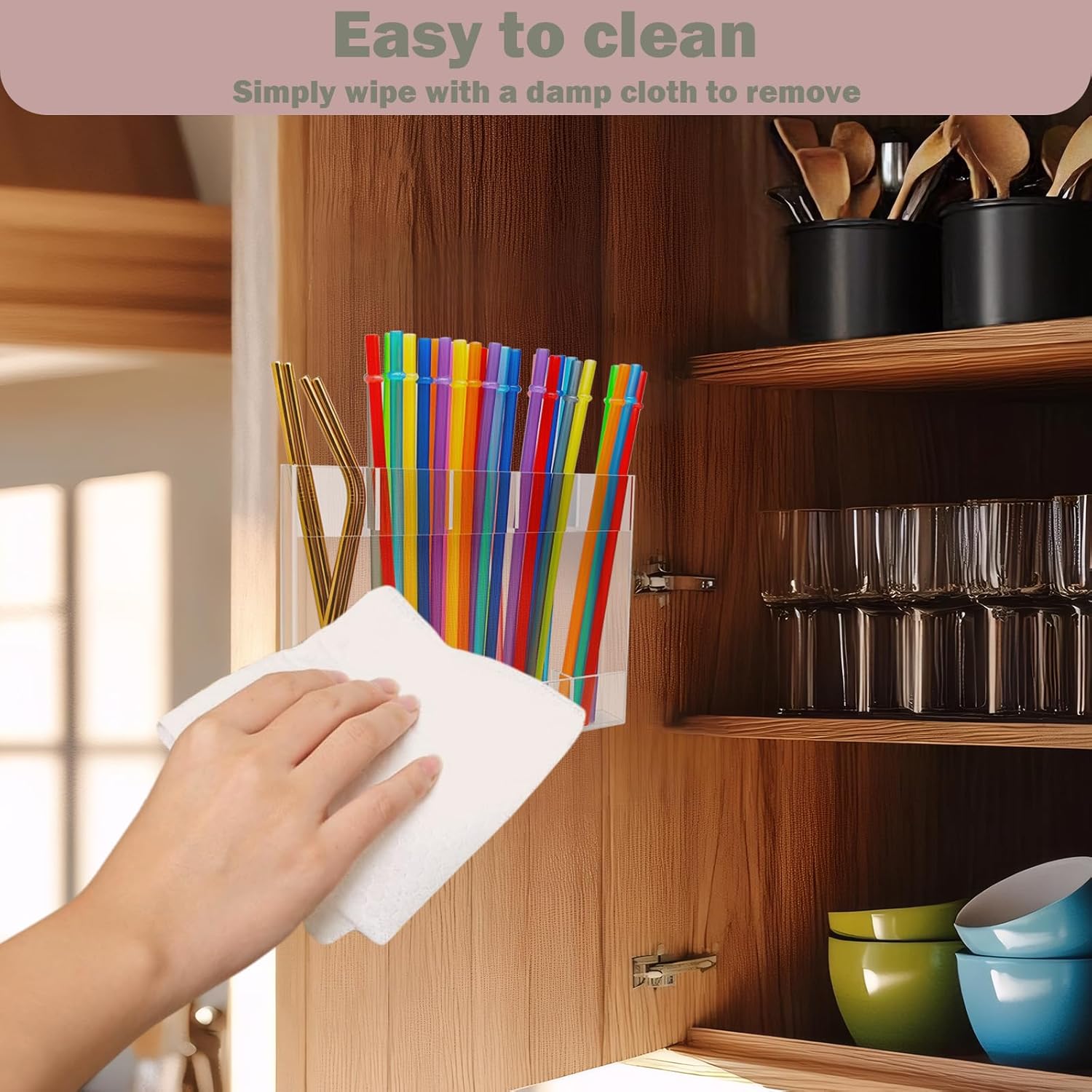 Acrylic Straw Holder, Cabinet Straw Organizer with Double Sided Adhesive Tape, Tall Drinking Straws Dispensers, Reusable Straws Storage Container for Cupboard, Kitchen Countery (Clear) - Image 5