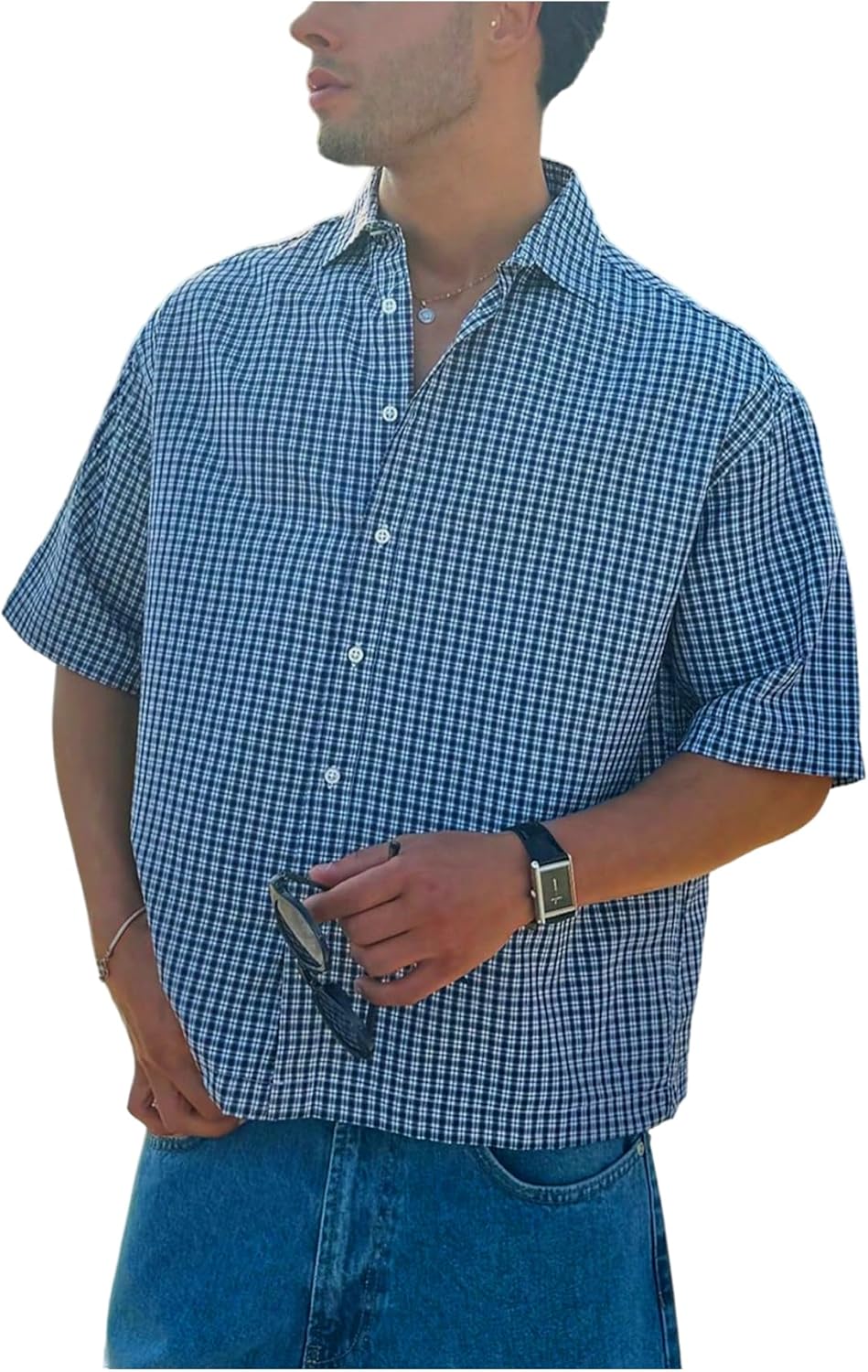 Men's Gingham Cropped Shirt Button Down Short Sleeve Baggy Plaid Streetwear Crop Tops