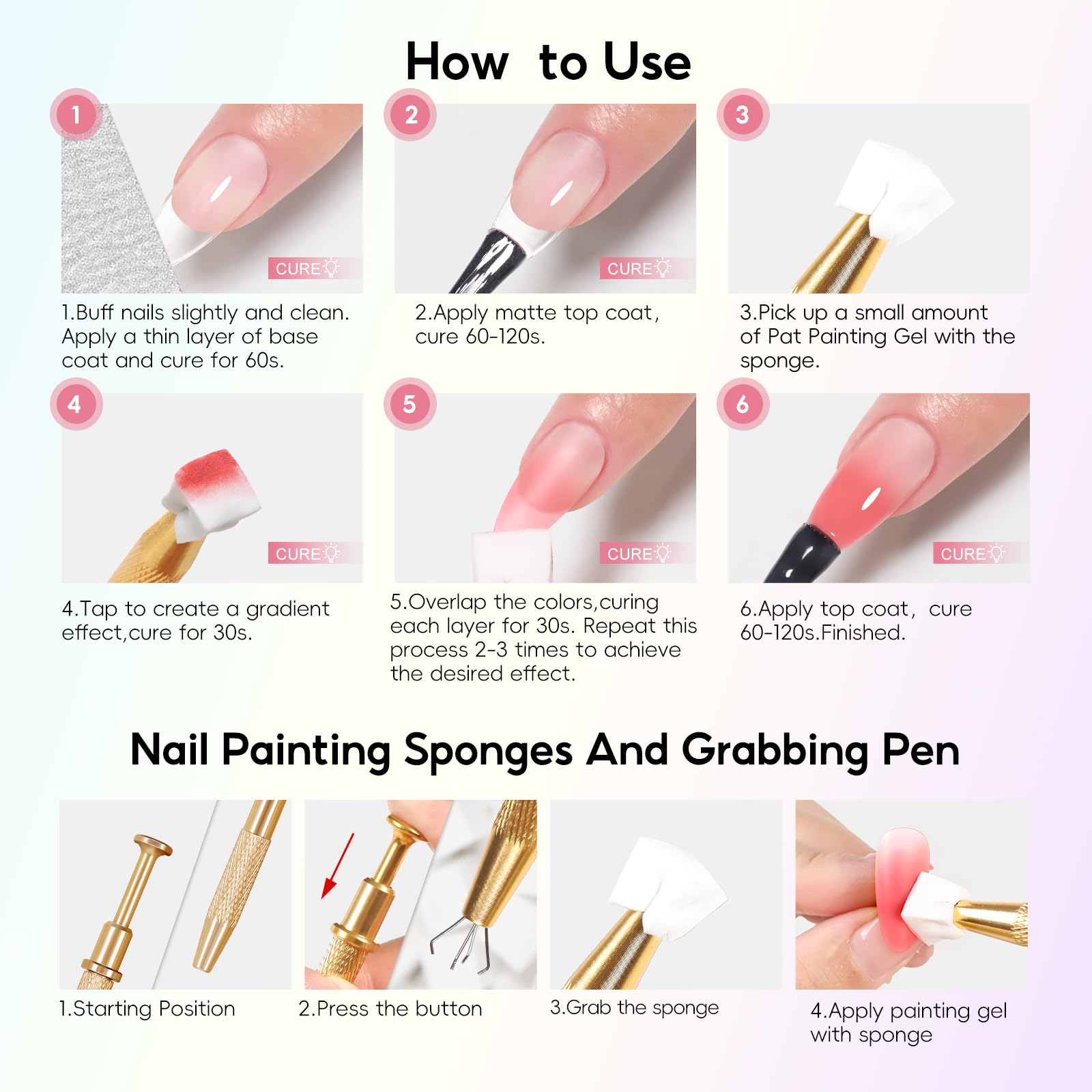 PEACECOLOR Gradient Painting Gel Nail Polish Set, 9 Colors Ombre Gel White Pink Red Yellow Spring Summer Color with Nail Sponges Metal Grabber French Manicure DIY Nail Art