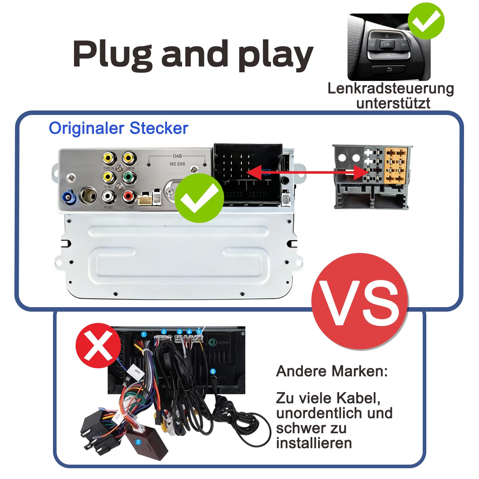 Linux Autoradio für VW Golf 5/6 Passat Jetta Caddy EOS T5 Tiguan Touran CC Polo, Plug & Play mit Originalstecker, Wireless CarPlay Android Auto, Bluetooth, RDS, FM/AM, USB