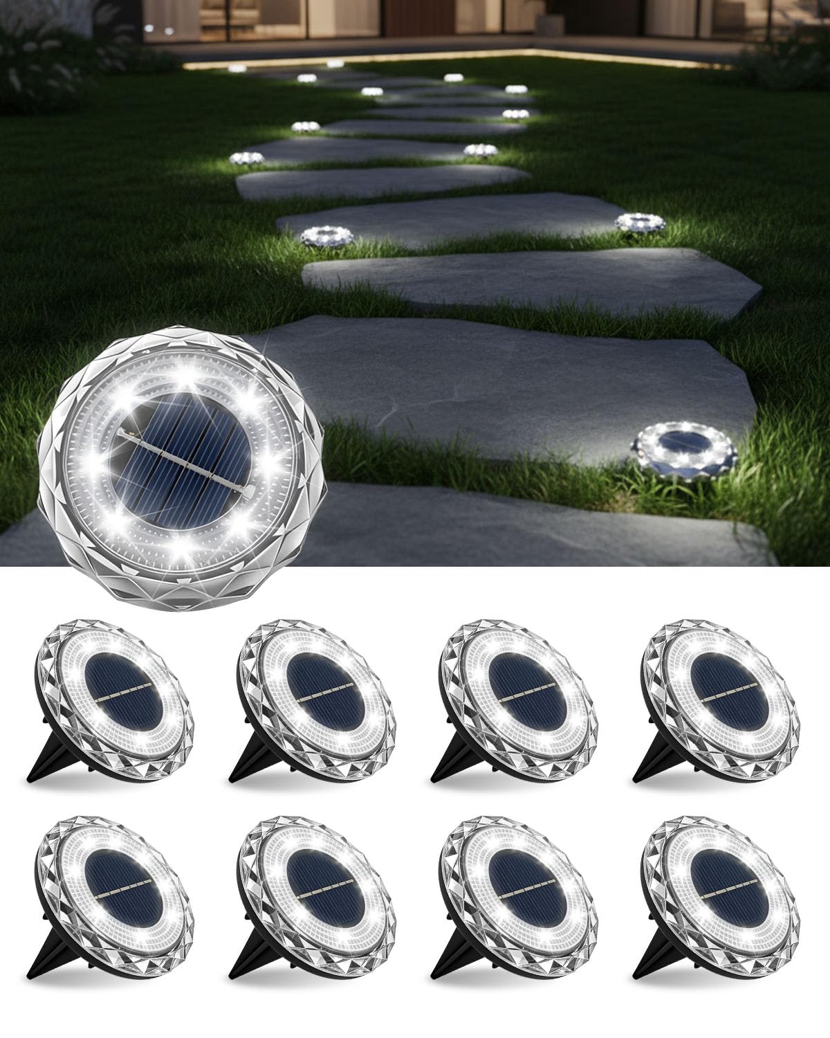 Airoieak Solar Lights Outdoor Garden Stake, IP68 Waterproof 8 Bright LEDs Mini Diamond Solar Ground Lights, Auto On/Off Pathway Lighting for Yard, Lawn & Garden, 8 Pack Cool Light