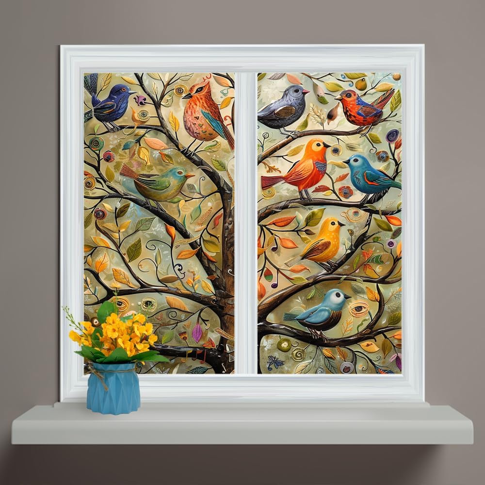 Rustic Boho Tree of Life Stained Glass Window Privacy Film Watercolor Colorful Tree Forest Wildlife Birds Opaque Window Sticker for Home Bathrooms 2 Panels 31.5" W x 47.2" L