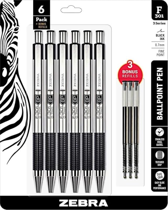 F-301 Retractable Ballpoint Pen, Stainless Steel Barrel, Fine Point 0.7mm, Non-Slip Grip, Pack of 6 +3 Refills