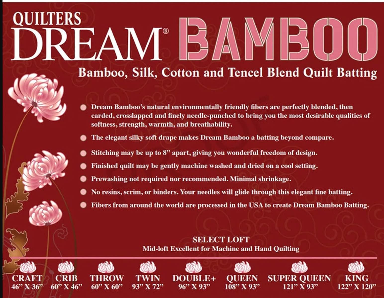 Quilters Dream Orient Bamboo/Silk Blend Midloft Quilt Batting 108" x 93" Queen