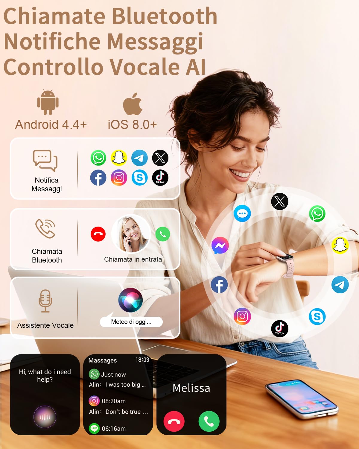 Orologio Smartwatch Donna con Chiamata 4 Cinturini 1.75" Orologio Donna con Contapassi Sonno Frequenza Cardiaca SpO2 Calcolatrice 110+ Sportive Smart Watch per Android iOS, Oro Rosa