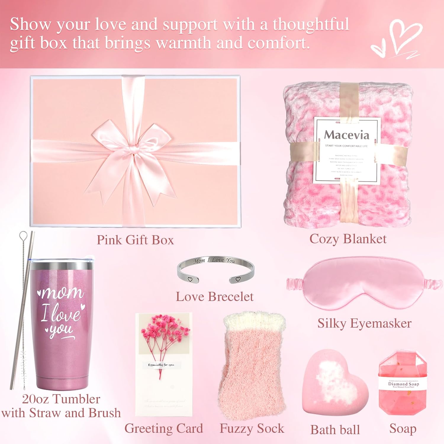 Macevia Valentines Day Gifts for Her Girlfriend Wife Daughter Sister, Birthday Gifts Get Well Soon Thanksgiving Christmas Gift Set, Relaxing Spa Care Basket for Women Mom Friend Teacher Nurse