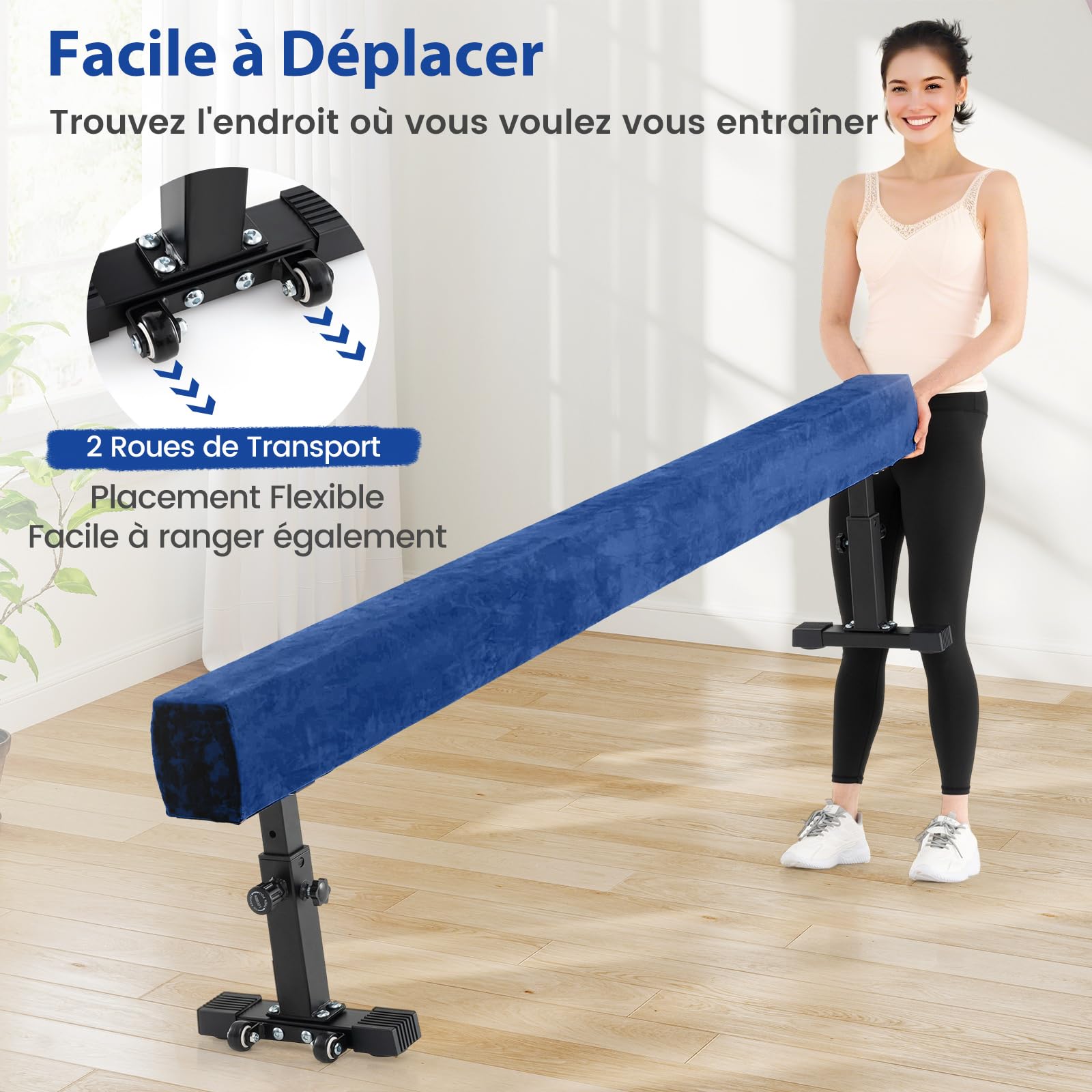 COSTWAY Poutre de Gymnastique de 226 cm, Barre de Gymnastique Hauteur Réglable à 3 Niveaux avec Pieds et Roues en Métal, Équipement d'Entraînement à Domicile pour Enfants Gymnastes