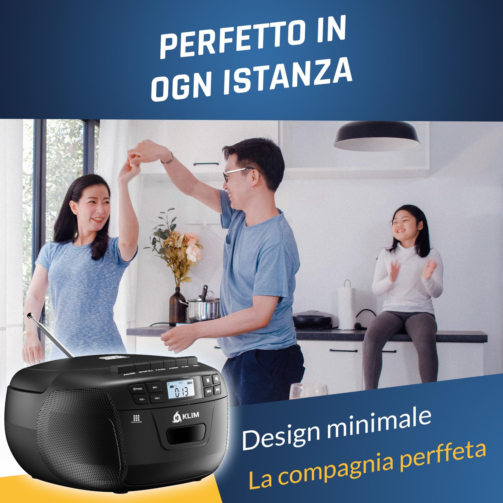 KLIM Lettore CD con USB Lettore Cassette Audio AM/FM Radio Bluetooth Stereo CD Player Telecomando Registrazione su Nastro AUX Radio Stereo per Casa Alimentazione AC/DC