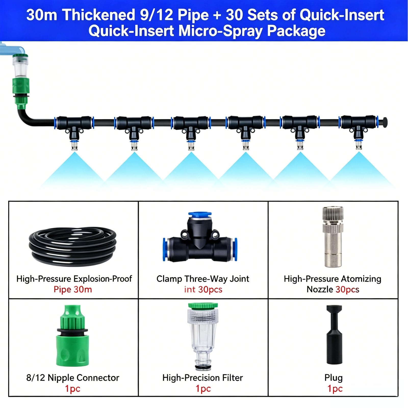 Kit sistema di irrigazione, irrigazione a goccia, automatico, kit micro goccia con ugello spruzzatore regolabile per accessori serra, cortile, pr nero 30m 912 pipe + 30 sets of quick-connect fittings