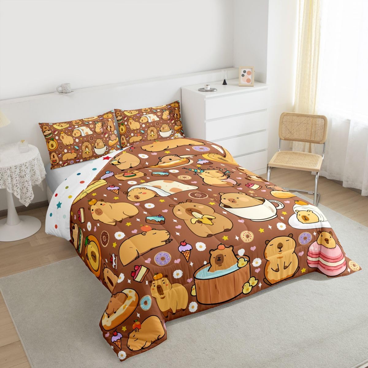Erosebridal Capybara Queen Comforter Set for Kids Teens Adults,Cute Capybaras Bedding Set,Funny Rodent Animals Duvet Insert,Stars Love Hearts Bed Set for All Season