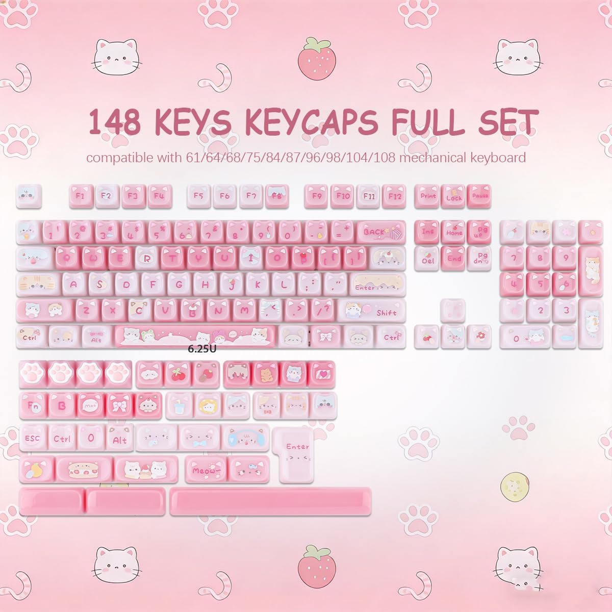 Ceramic Jade Cat Keycaps, 142 Keys Translucent Pink Meow Meow Cute Keycaps Mao Profile Custom Keycap with Keycap Storage Box for Cherry Gateron MX Swithes Mechanical Keyboards