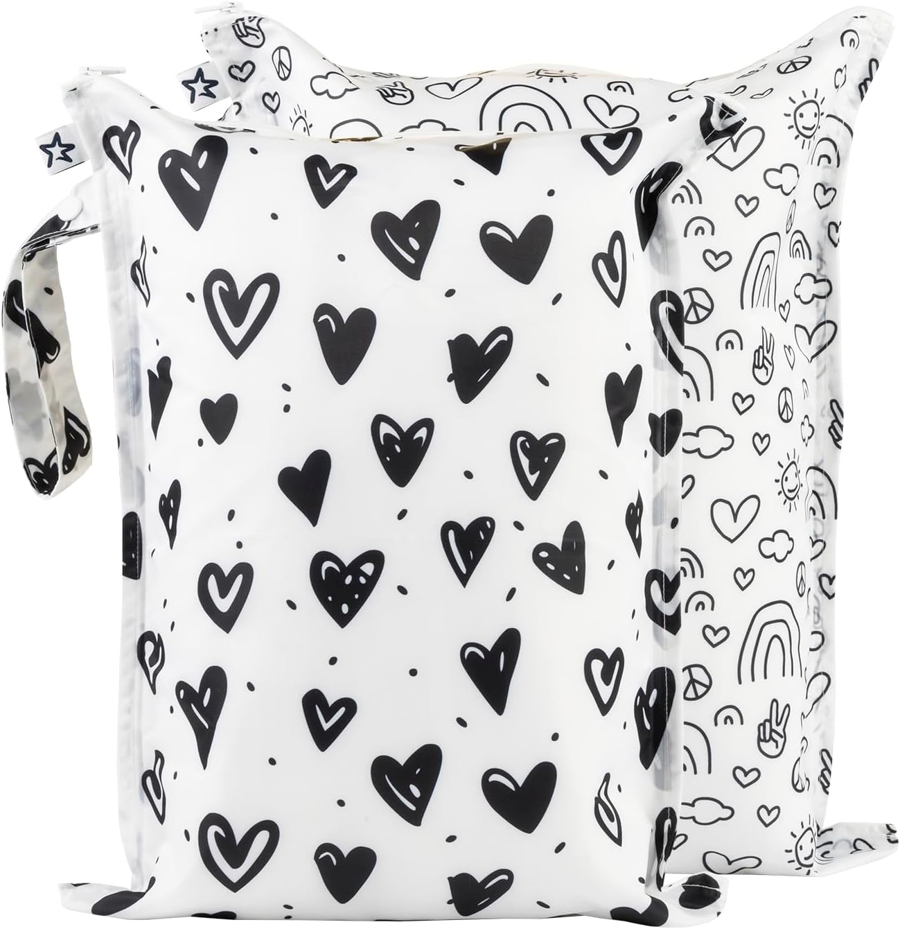 Tiny Twinkle Mess-proof Wet Bags 2 Pack Waterproof and Washable Bag for Travel storage, Stroller, Daycare, Baby Diapers, Yoga, Beach, Pool, Wet Toddler Swimsuits (Black,White)