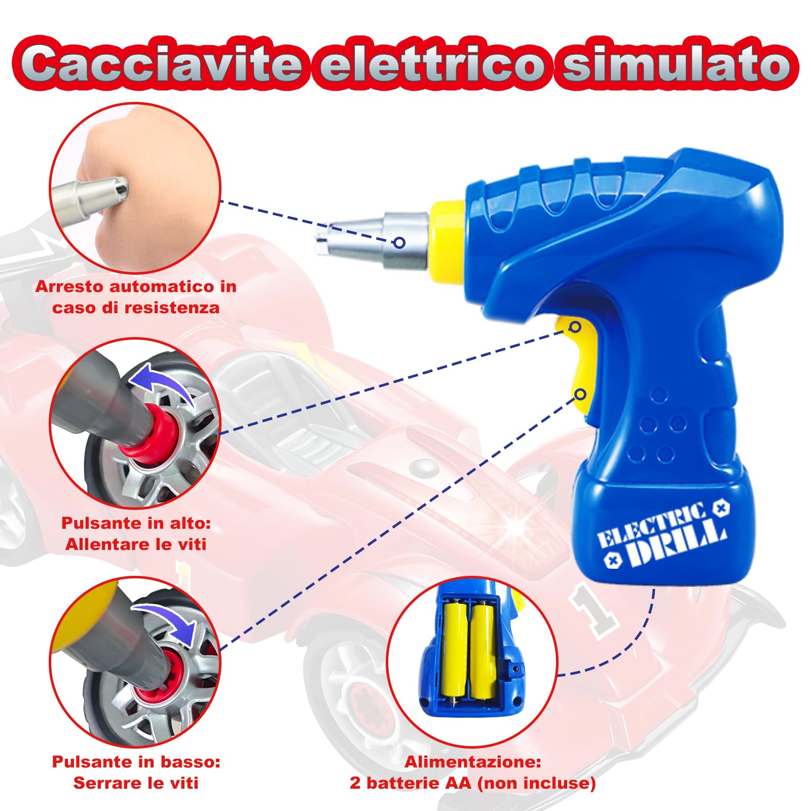 Pup Go Smonta e Rimonta F1 Auto da Corsa per Bambini 3+ Anni, 24 Pezzi con Trapano Elettrico di Simulazione, Suono Realistico e LED, Costruisci Tua Auto Giocattolo, Migliori Regali per Ragazzi (Rosso)