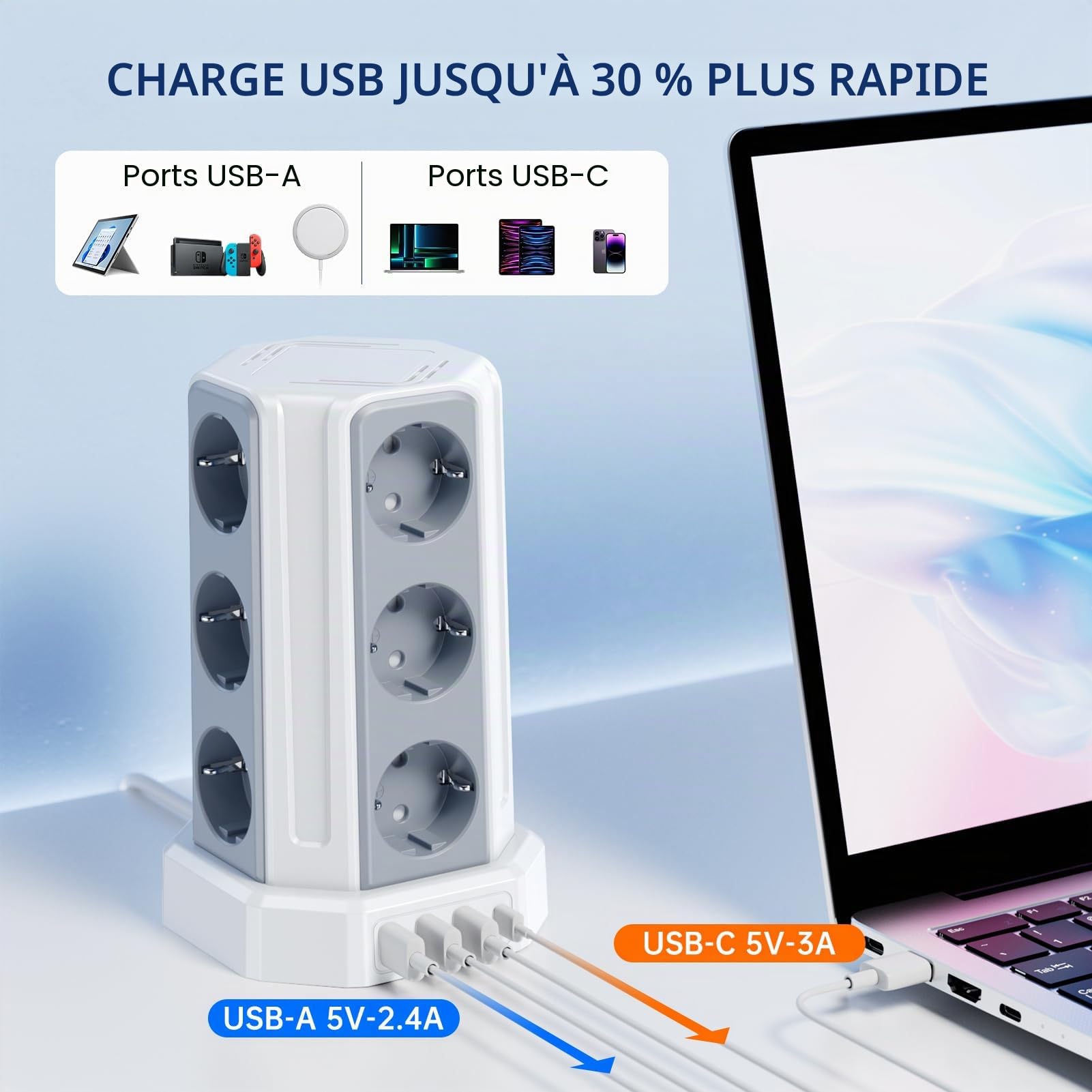 Multiprise avec Interrupteur, Tour Multiprise 12 Prises et 4 USB | 5M Rallonge Electrique 4000W Tour Multiprise pour Maison Bureau Parafoudre et Surtension