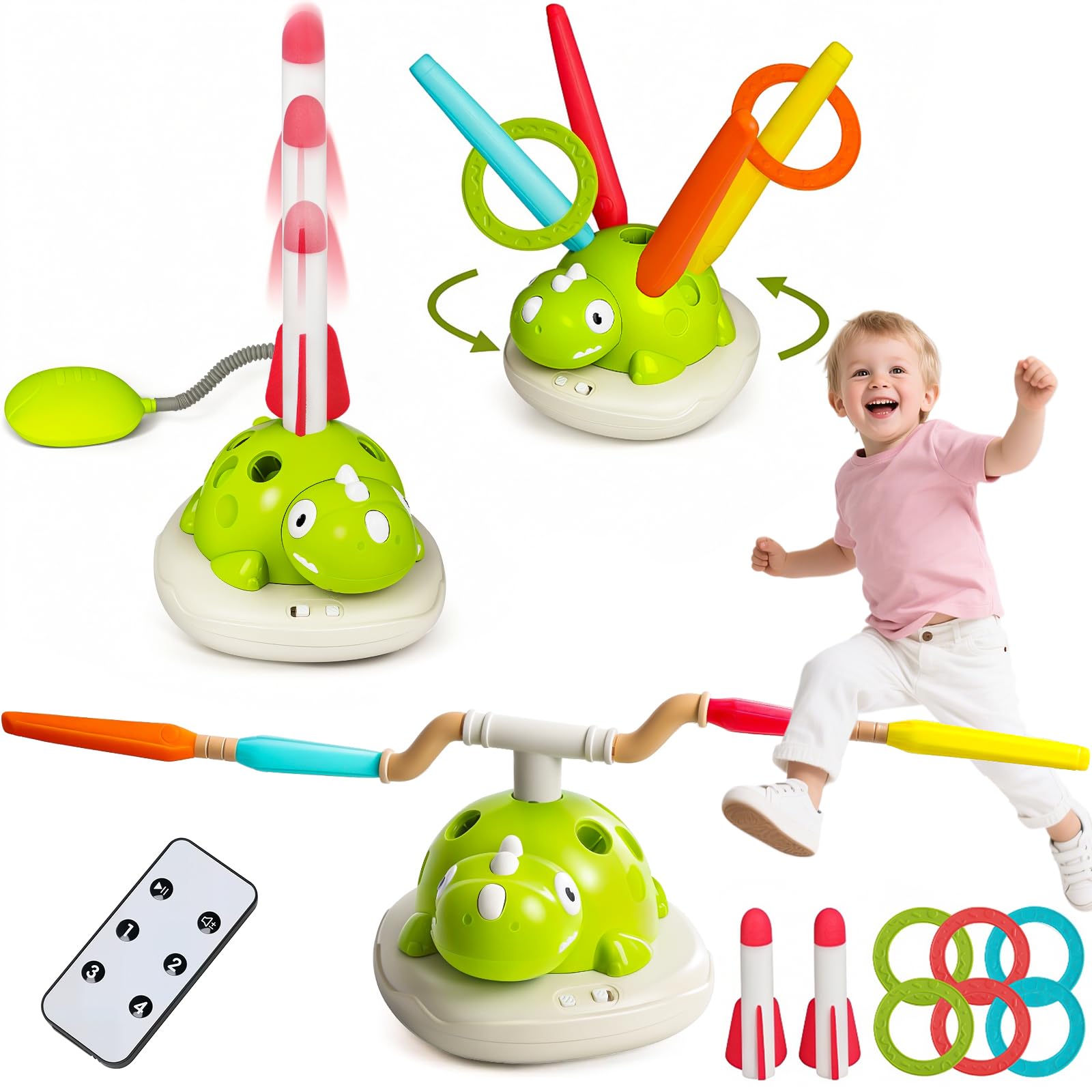 3 in 1 Musical Jump, Toss Ring Game and Stomping Launch Rocket Launcher Outdoor Toys for Kids 3-6 Exercise Jump Gross Motor for Toddlers Indoor/Yard Party Game Gift for Boys Girls 4-8 Remote Control