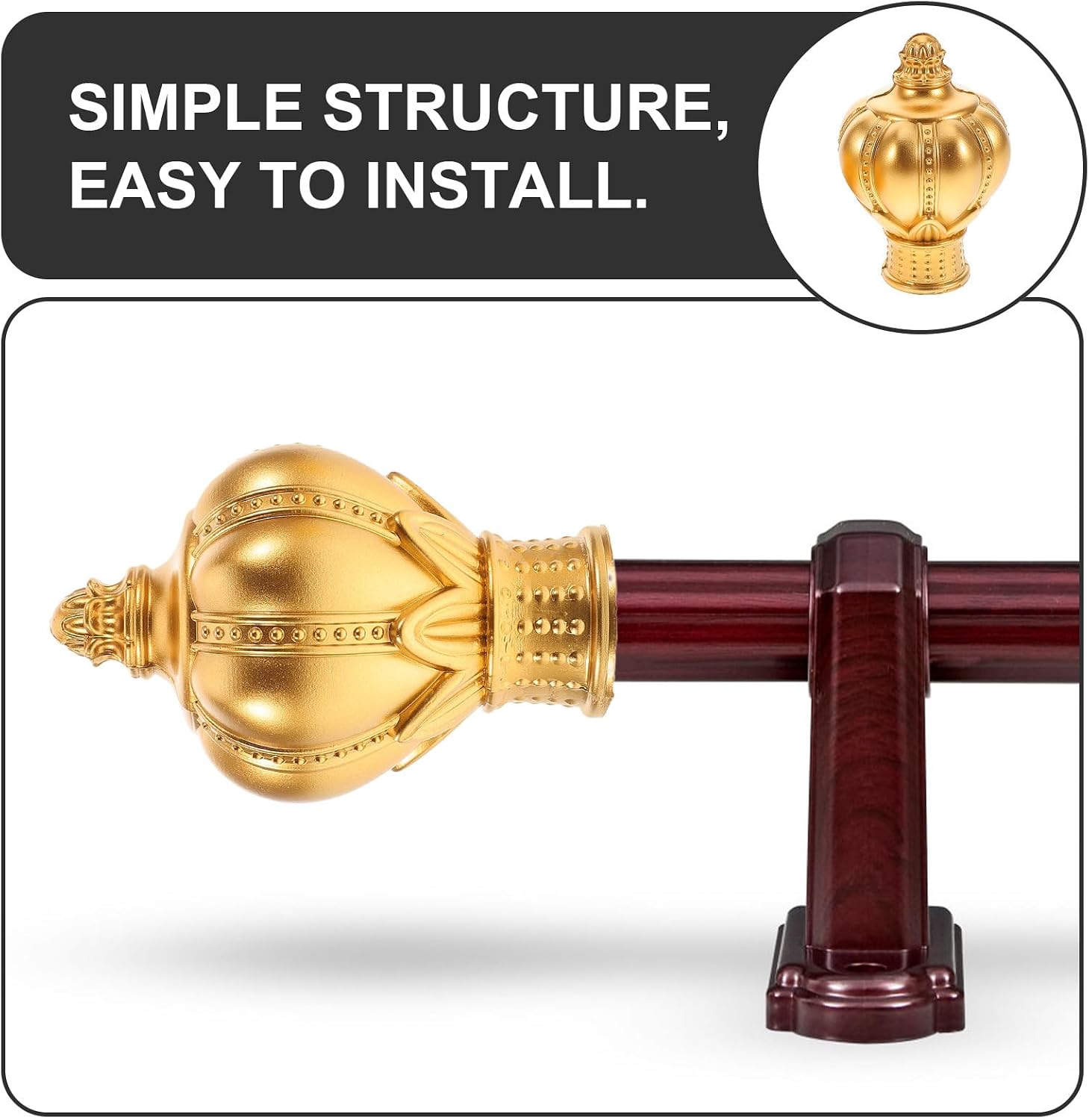 VALICLUD 6 Pcs Decorative Curtain Rod Finials Roman Rod End Caps Gold Crown Design Window Drapery Pole Accessories for Home Window Treatment