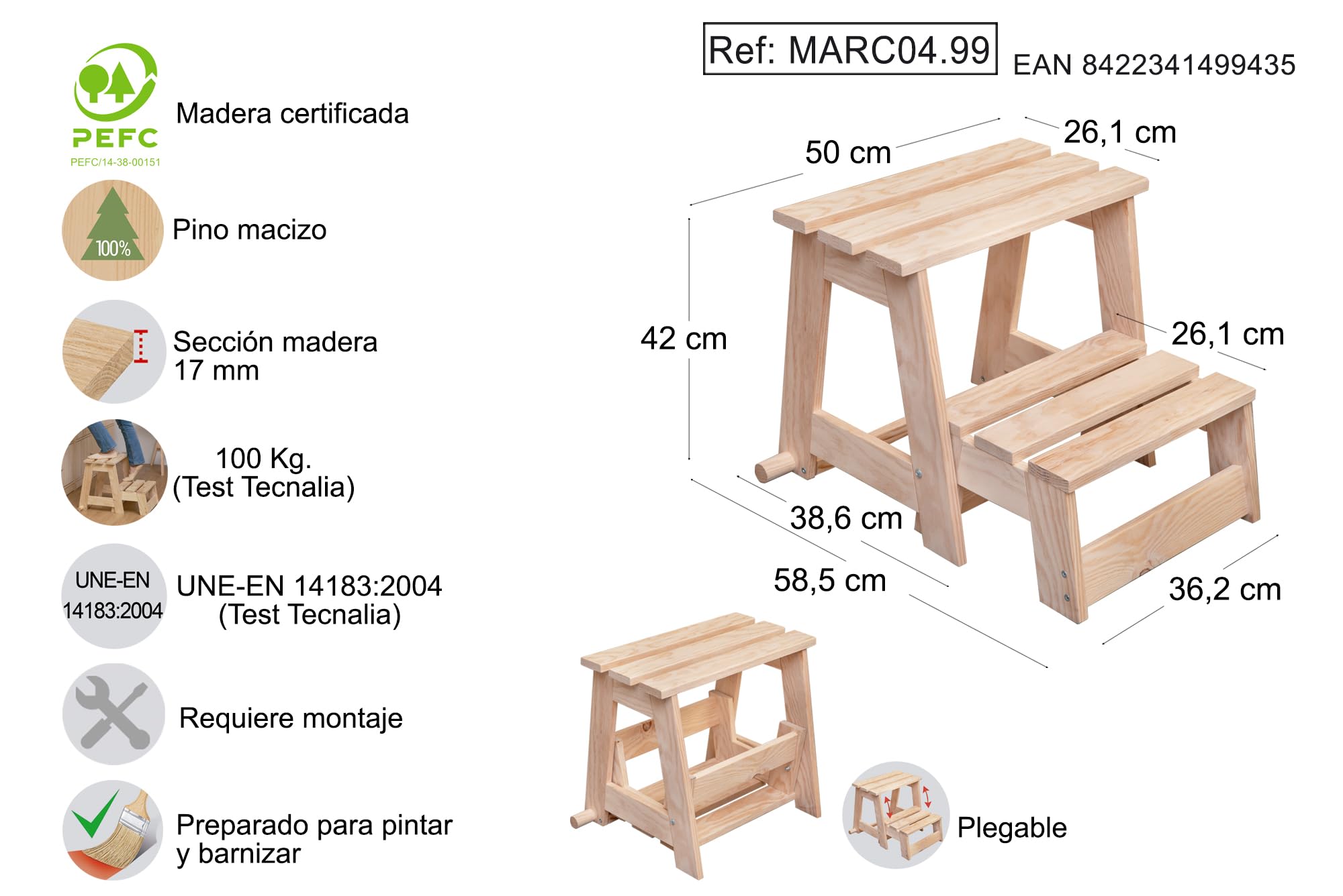 Taburete Escalera Plegable de Madera de Pino con 2 peldaños (42X50x38,6cm)