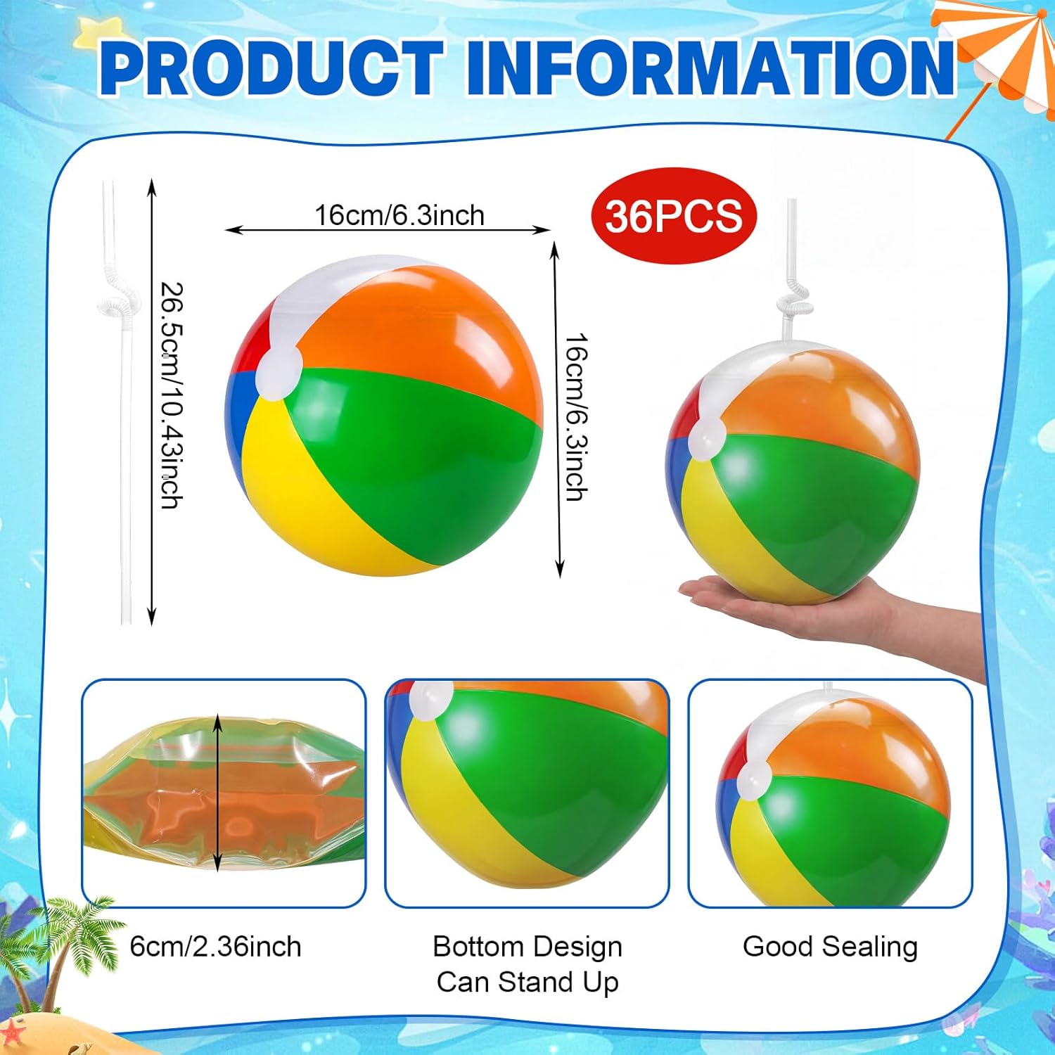 Yungyan 36 Set Summer Beach Ball Cups Resuable Drink Pouches with Straws Zipper Smoothie Bags Reclosable Alcohol Pouches, Leakproof Drink Bags for Birthday Hawaiian Luau Swimming Beach Party Supplies