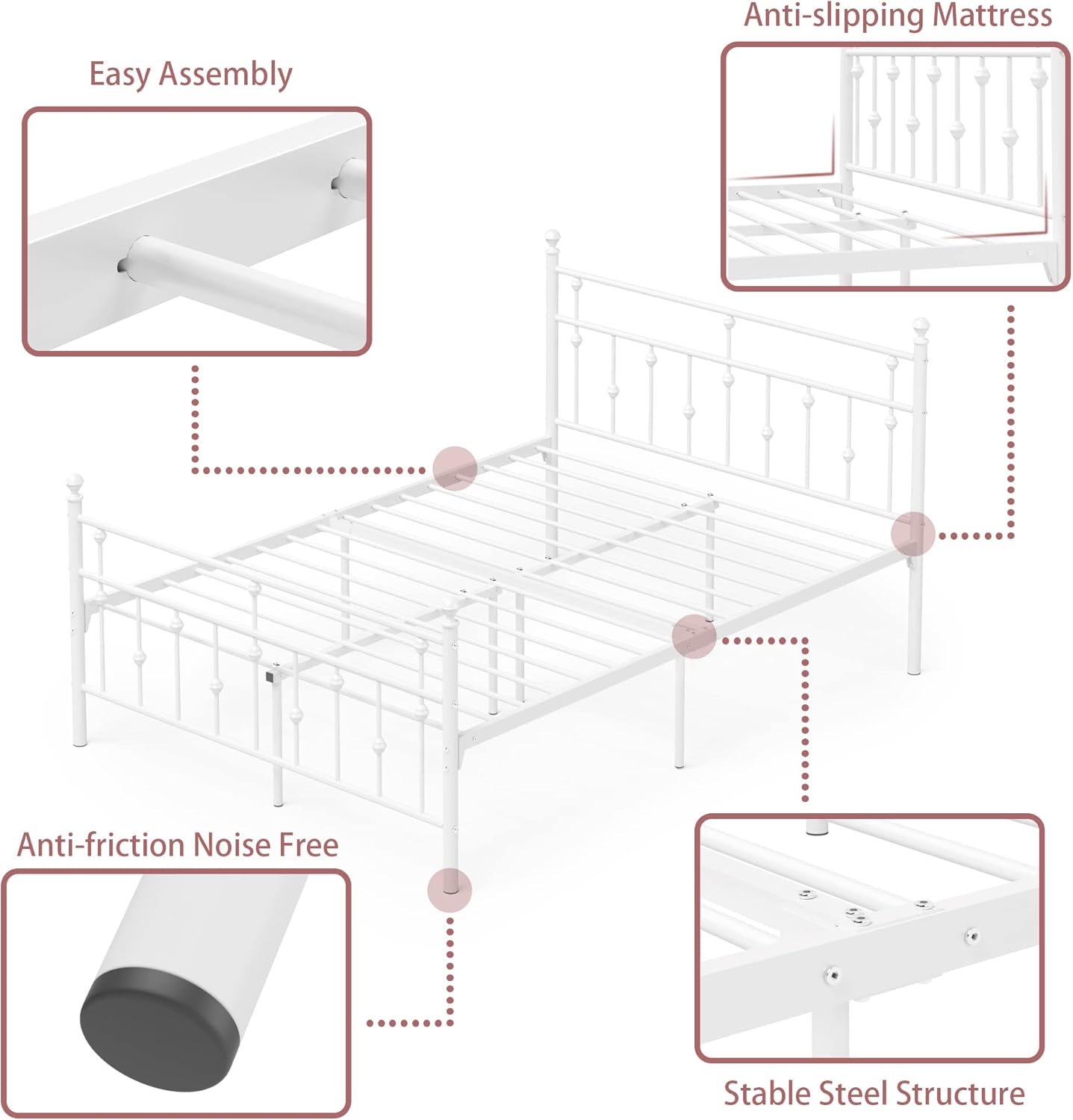 Weehom Full Size Bed Frame with Headboard and Footboard Metal Platform Bed Frame Under Bed Storage No Box Spring Needed Easy Assembly, White