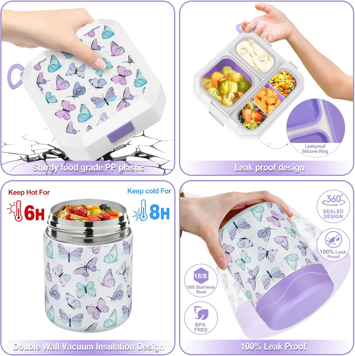 Bento Lunch Box for Kids with 12oz Soup Thermo Leak-Proof Lunch Food Container with 5 Compartment Thermo Hot Food Jar and Insulated Lunch Bag for Kid Toddler Girls Boys to School