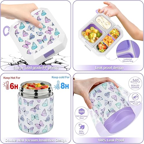 Miniatura 24 de Lonchera Bento para niños con sopa térmica de 12 onzas a prueba de fugas con 5 compartimentos, tarro térmico de comida caliente y bolsa de almuerzo