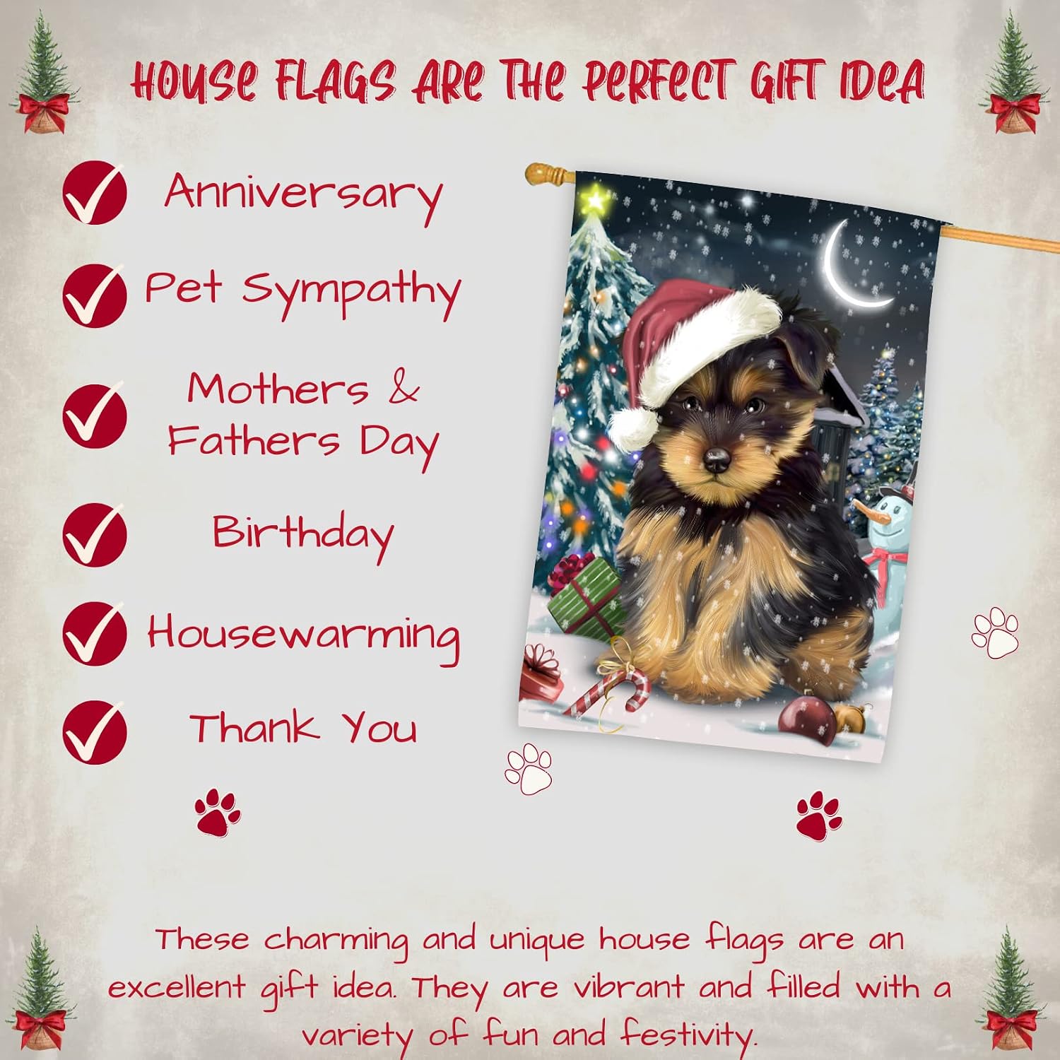 Doggie of the Day Yorkshire Terrier Dog House Flag - Christmas Holly Jolly - Outdoor Double Sided Pet Home Garden Decor 28"w x 40"h, HFLG60715