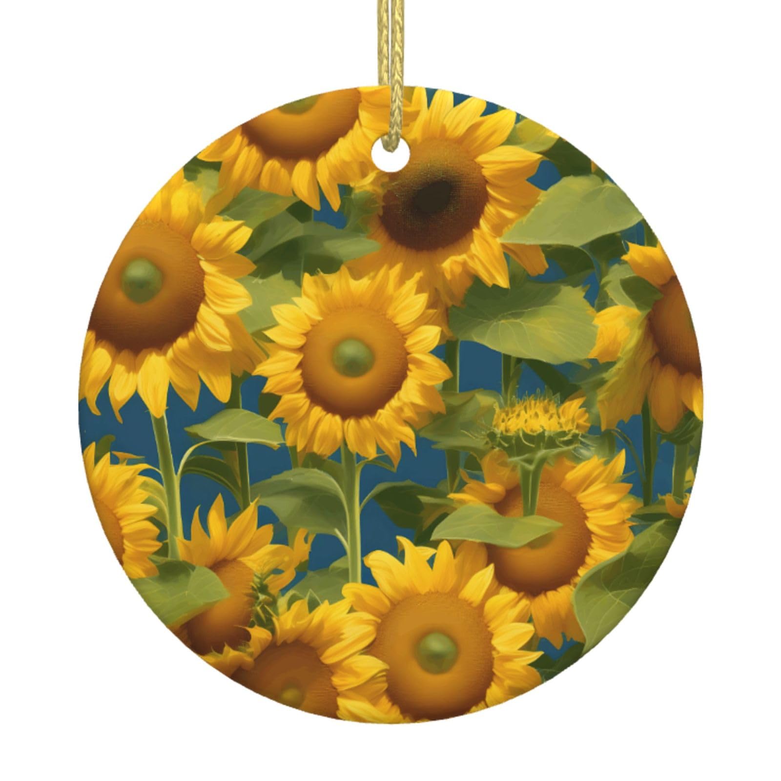 Summer Sunflower Print Christmas Ornaments, Ceramic Hanging Ornament, Round Shape Decorations