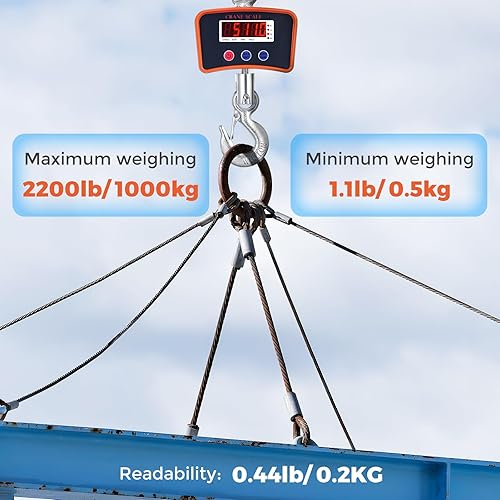 Miniatura 2 de Bonvoisin Báscula de grúa de 2200 lbs1000 kg, báscula colgante digital legibilidad 0.44 lbs0.2kg, báscula de gancho recargable para granja, báscula