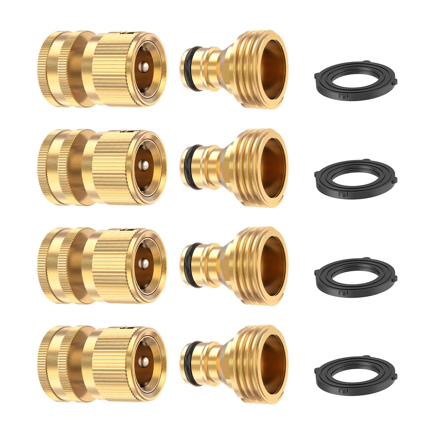 Garden Hose Quick Connector Solid Brass,3/4 Inch GHT Thread Fitting No-Leak Water Hose Female and Male Adapter (4 Sets)