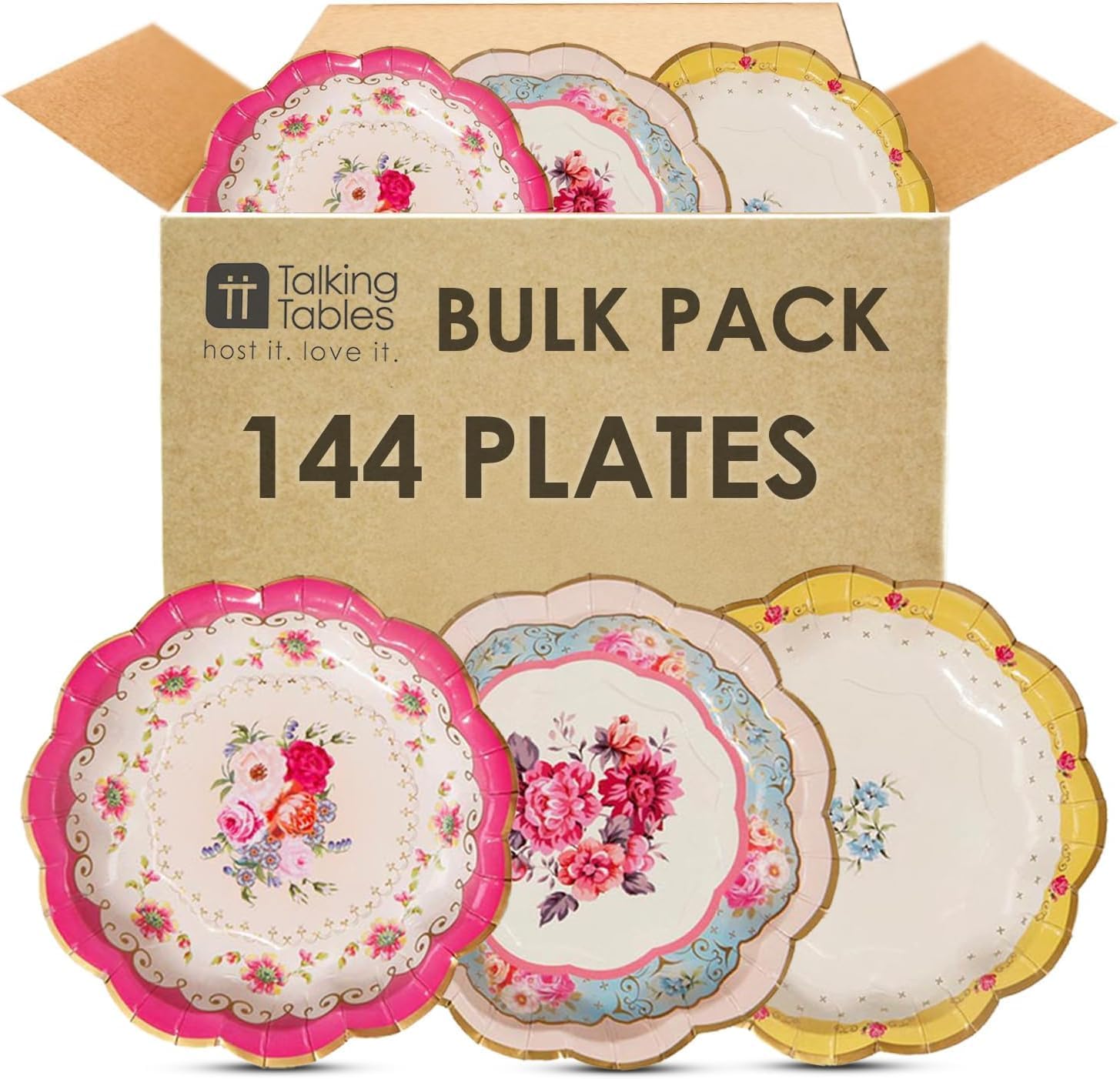 Talking Tables 144 x Vintage Floral Paper Plates Bulk Pack Pink Yellow, Truly Scrumptious Table Decorations, Disposable Tableware, Birthday, Mother's Day, Afternoon Tea Party, Baby Shower, 7’