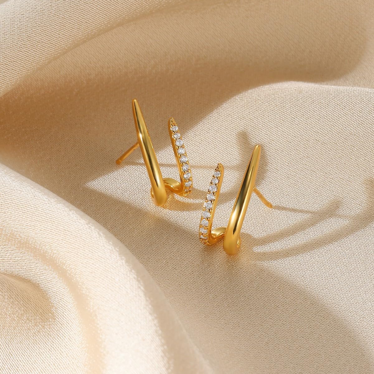 Gold Stud Earrings for Women ,Trendy 14K Gold Plated, Single Pin Double Hoop Earrings,Dainty Minimalist, Unique Design, Hypoallergenic, Small & Noticeable,Waterproof Everyday Wear, Gift Idea - Image 8
