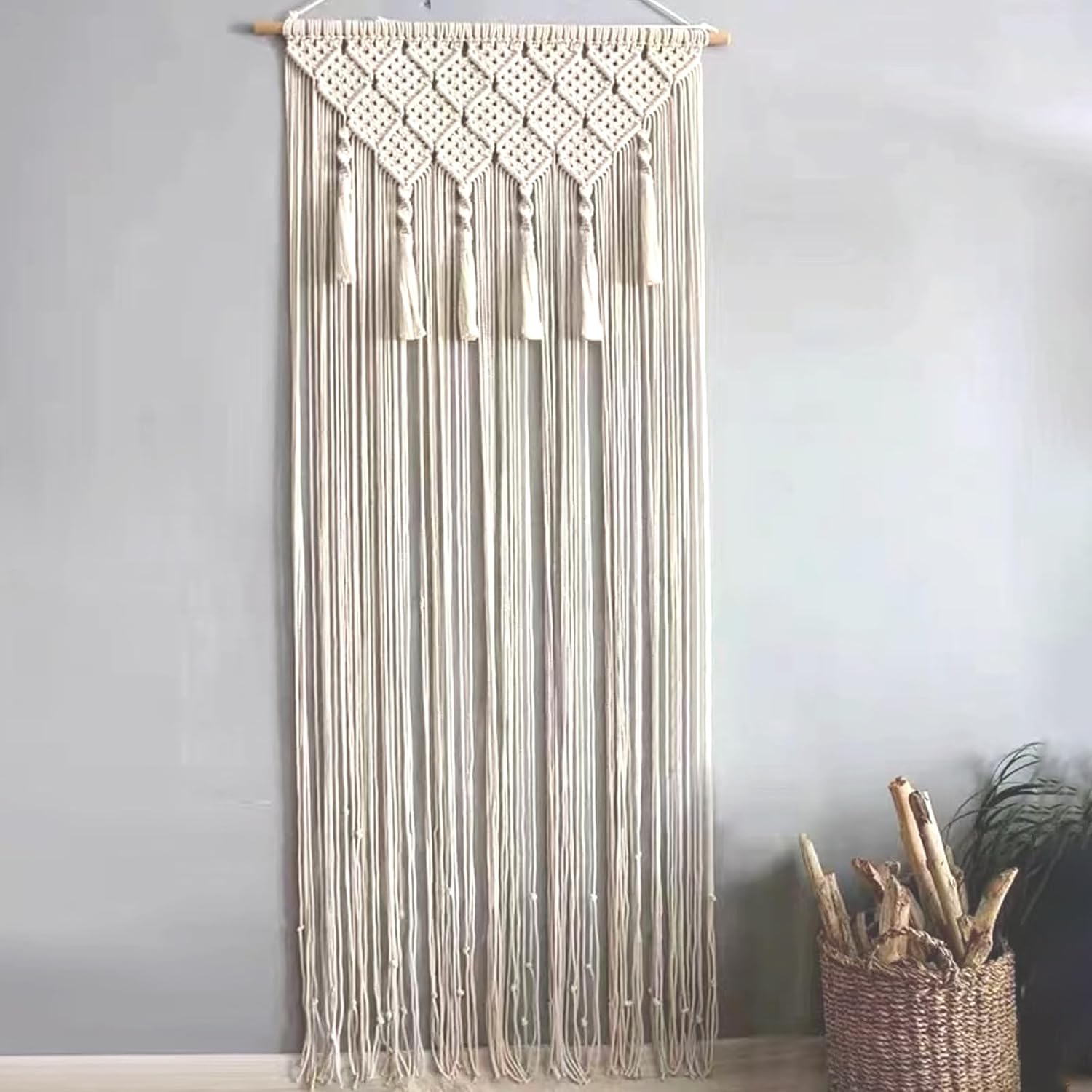 Macrame Curtain, Macrame Wall Hanging, 26x79 Inch Cotton Macrame Door Curtain with Tassel, Woven Boho Wall Art, Tapestry Wall Hanging for Doors, Windows Decor, Macrame Door Curtain