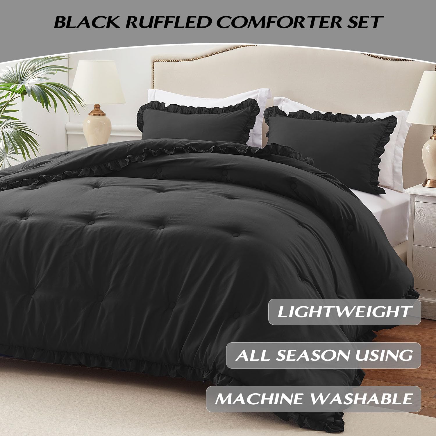 HARBOREST Lightweight 2 Pieces Black Ruffle Bed Set Vintage Farmhouse Soft Comforter Set Twin with 1 Pillow Shams(Twin/Twin XL, 66x92 inches, Black): Black Queen