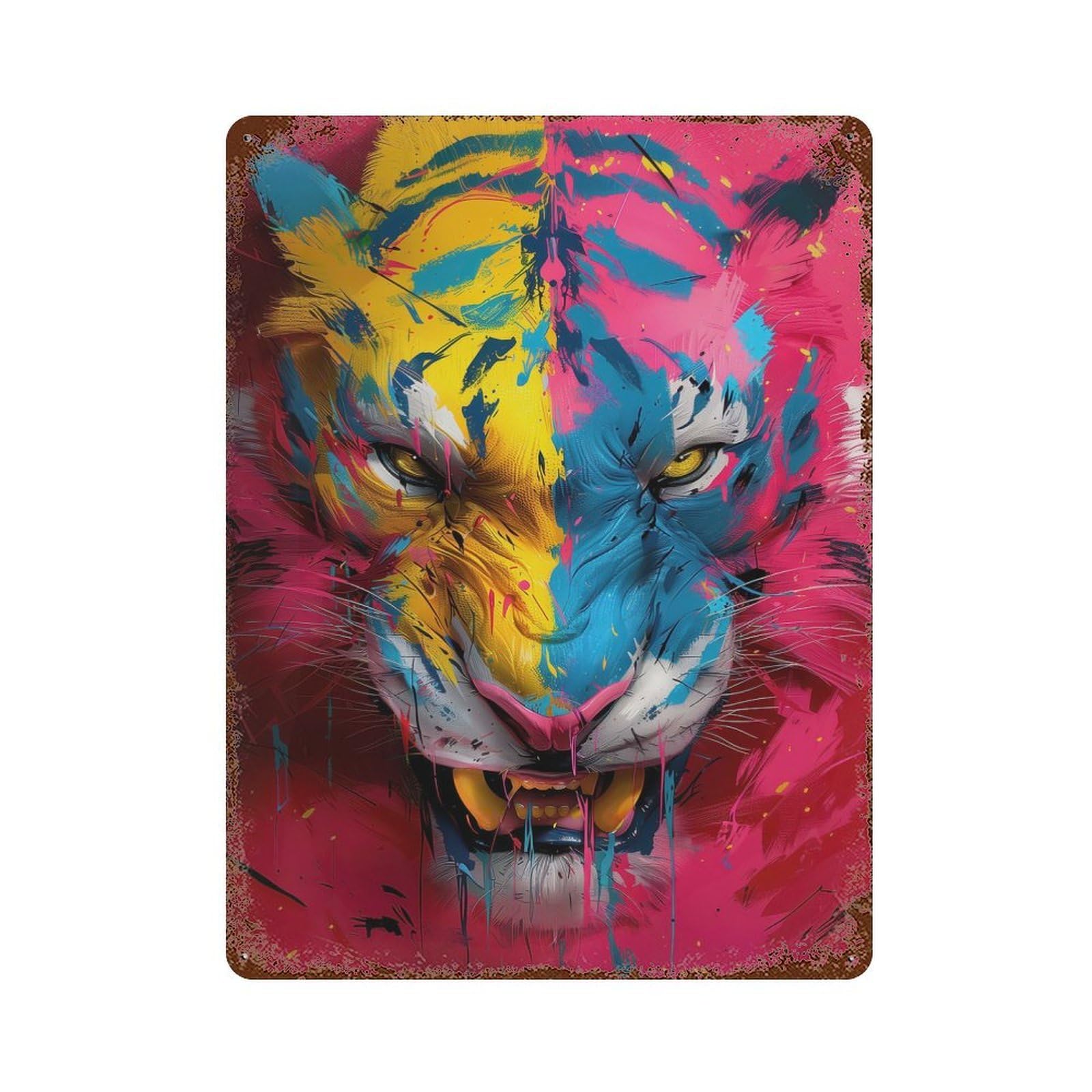 Garage Style Colorful Tiger Portrait Weathered Tin Sign 15.7"x11.8", Classic Wall Plaque for Bar And Workshop