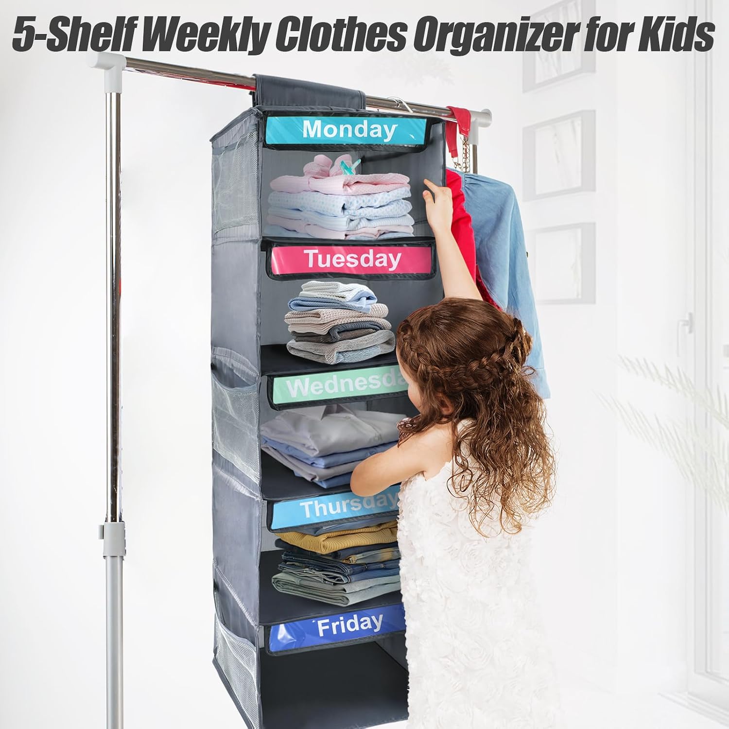 Weekly Clothes Organizer for Kids,Day of The Week Clothes Organizer,5-Shelf Hanging Closet Shelves,School Cloth Organizer Day of Week,Dorm Room Essential Daily Shelf Hanging Closet Organizer