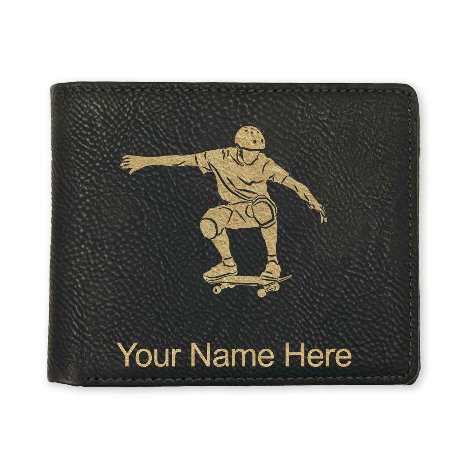 LaserGram Faux Leather Bi-Fold Wallet, Skateboarding, Personalized Engraving Included (Black with Gold)