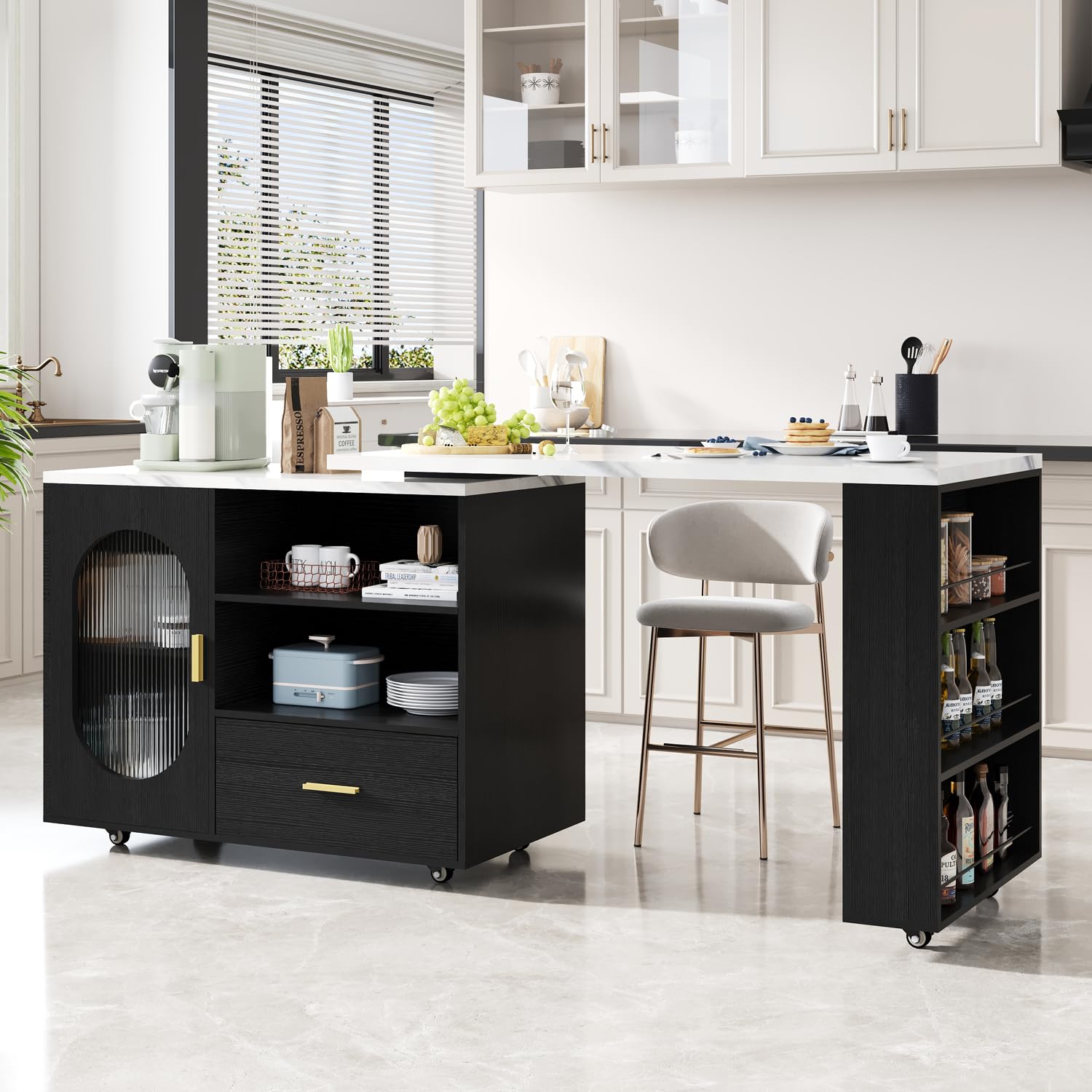 IBF Carrello da cucina moderno a isola su ruote, carrello da cucina con piano di lavoro in finto marmo bianco, armadio, cassetto, ripiani e portaspezie, carrello mobile per soggiorno, sala da pranzo
