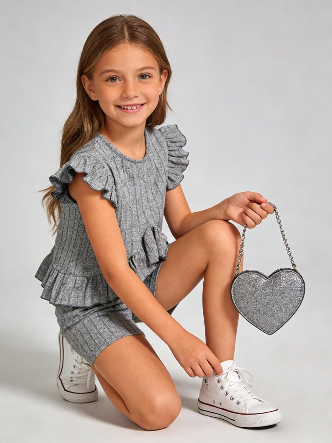 Girls Summer Clothes Ruffle Sleeve Ribbed Tops and Shorts 2 Piece Outfits Size 4-8