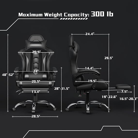 Yaheetech Gaming Chair with Footrest Massage Lumbar Pillow Reclining Black
