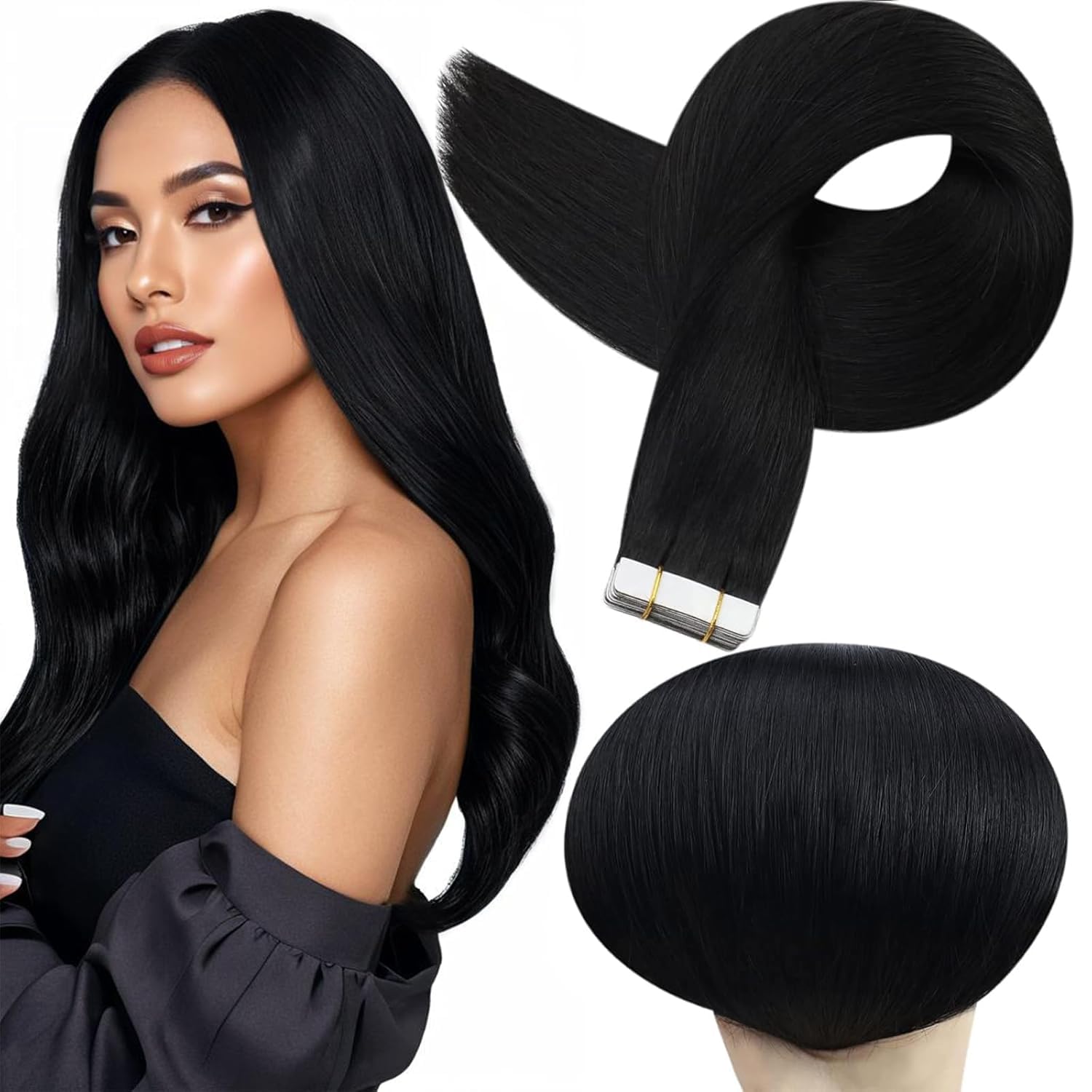 Full Shine Tape in Hair Extensions Human Hair 18Inch Remy Tape ins Human Hair Extensions Color 1 Jet Black Fashion Extension, Seamless Silky Straight Skin Weft 20Pcs 50G Add Length for Wedding