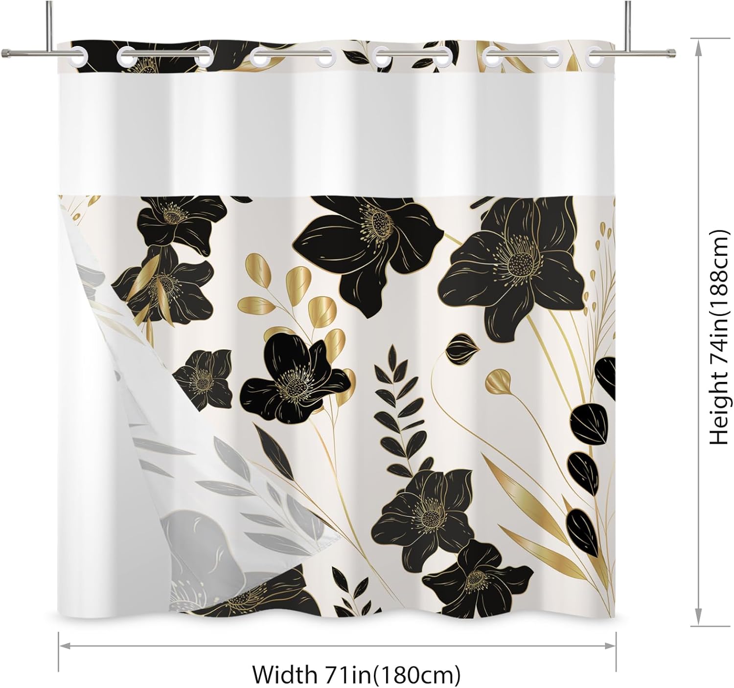 No Hook Shower Curtain,Black Flower Double-Layered Shower Curtain with Snap-in Liner and Weights,Fabric Bath Curtain with See Through Mesh, 71x74in