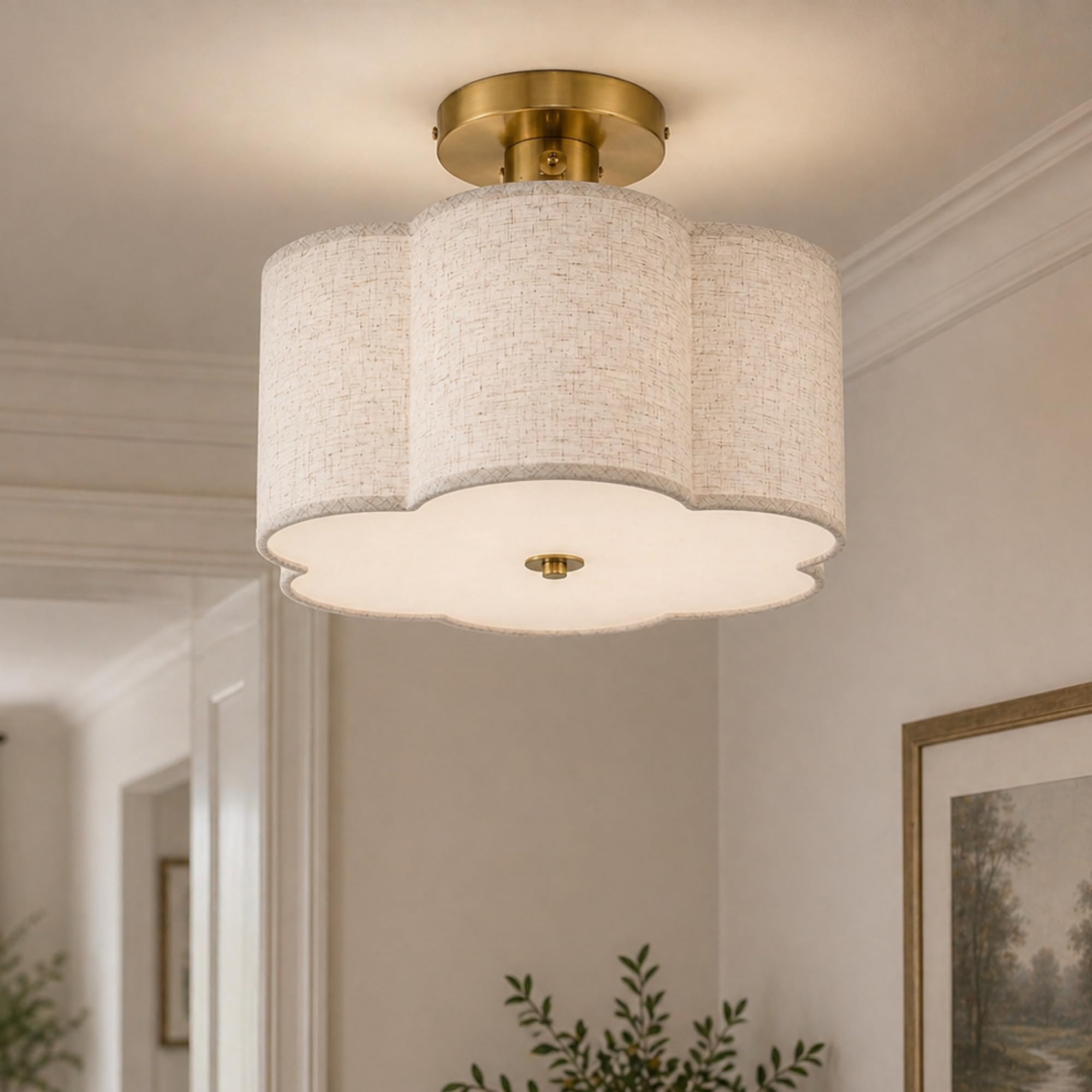 Photo 1 of AUTELO 3-Light Semi Flush Mount Ceiling Light, Brushed Gold 12.6 Inch Modern Ceiling Light with Flower-Shaped White Fabric, Farmhouse Ceiling Light for Bedroom Hallway, C2507 BGS-6