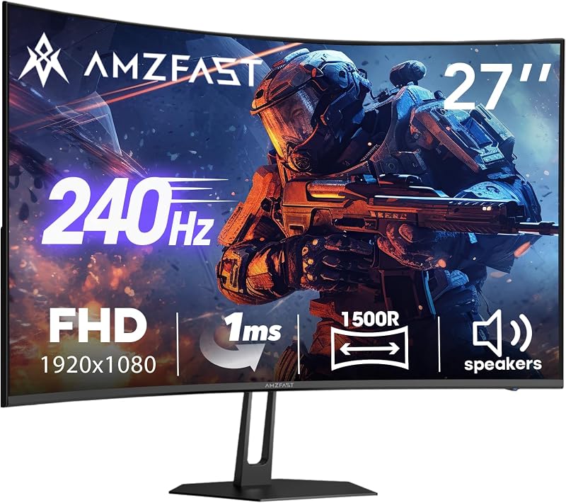 27 inch 240Hz Curved Monitor, FHD 1080p Gaming Monitor, Built-in Speakers, FreeSync, MPRT 1ms, 130% sRGB, 4000:1, 1500R, VESA Mount, HDMI 2.0&DP 1.4, 12 Months Warranty Exchange, AMZG27C1 Pro