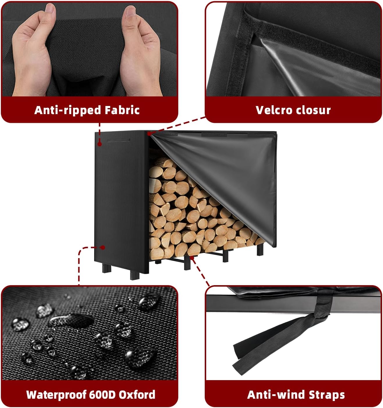 4FT Firewood Rack with Waterproof Cover,Heavy Duty Firewood Storage Log Holider for Outdoor&Indoor,Fireplace Wood Rack with 600D Oxford Fabric