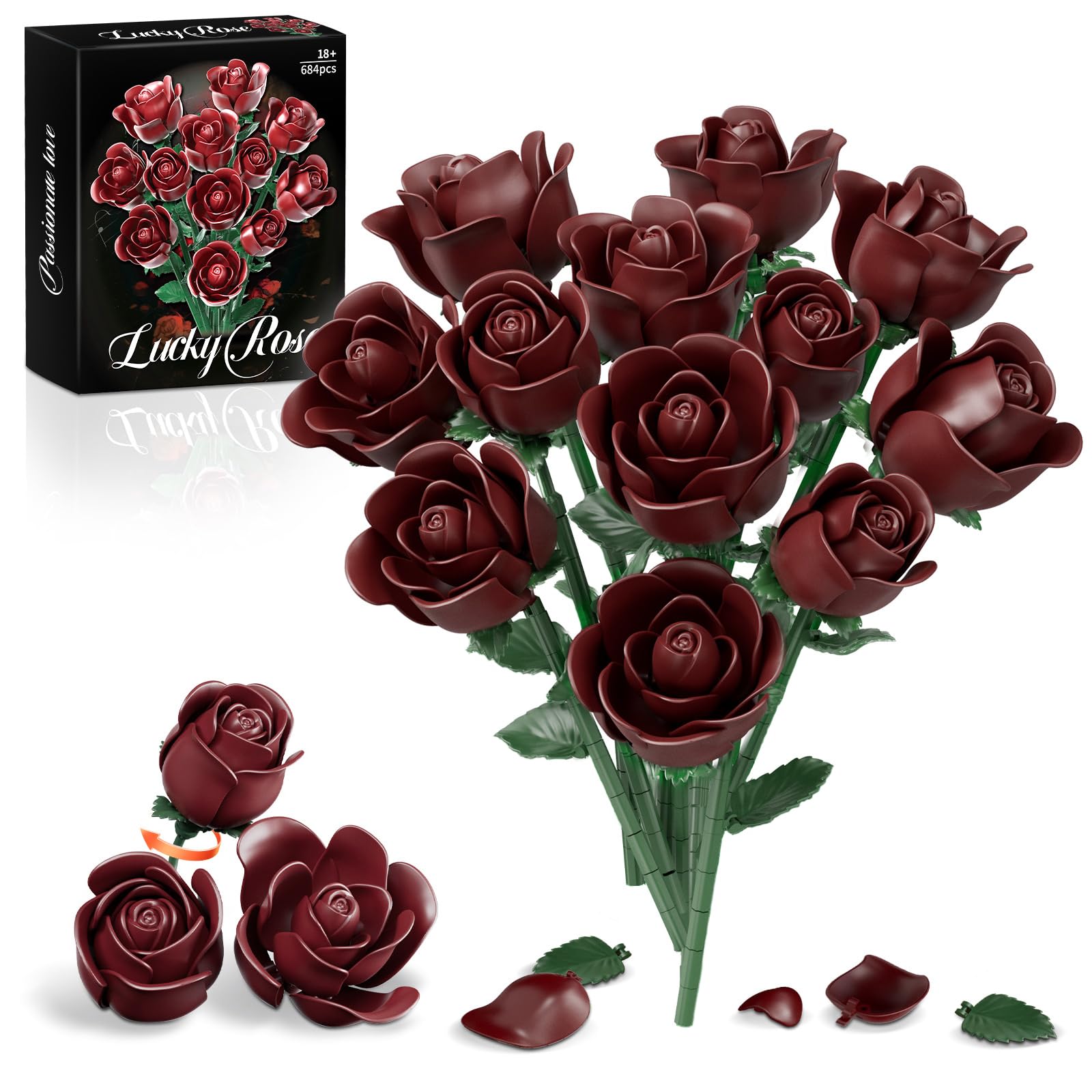 Burgundy Rose Bouquet Building Set,12Pcs Roses Artificial Flowers Botanical Collection Building Blocks Kit,DIY Rose Building Block Bouquet for Valentine’S Day,Mother’S Day,Christmas,Home Office Decor