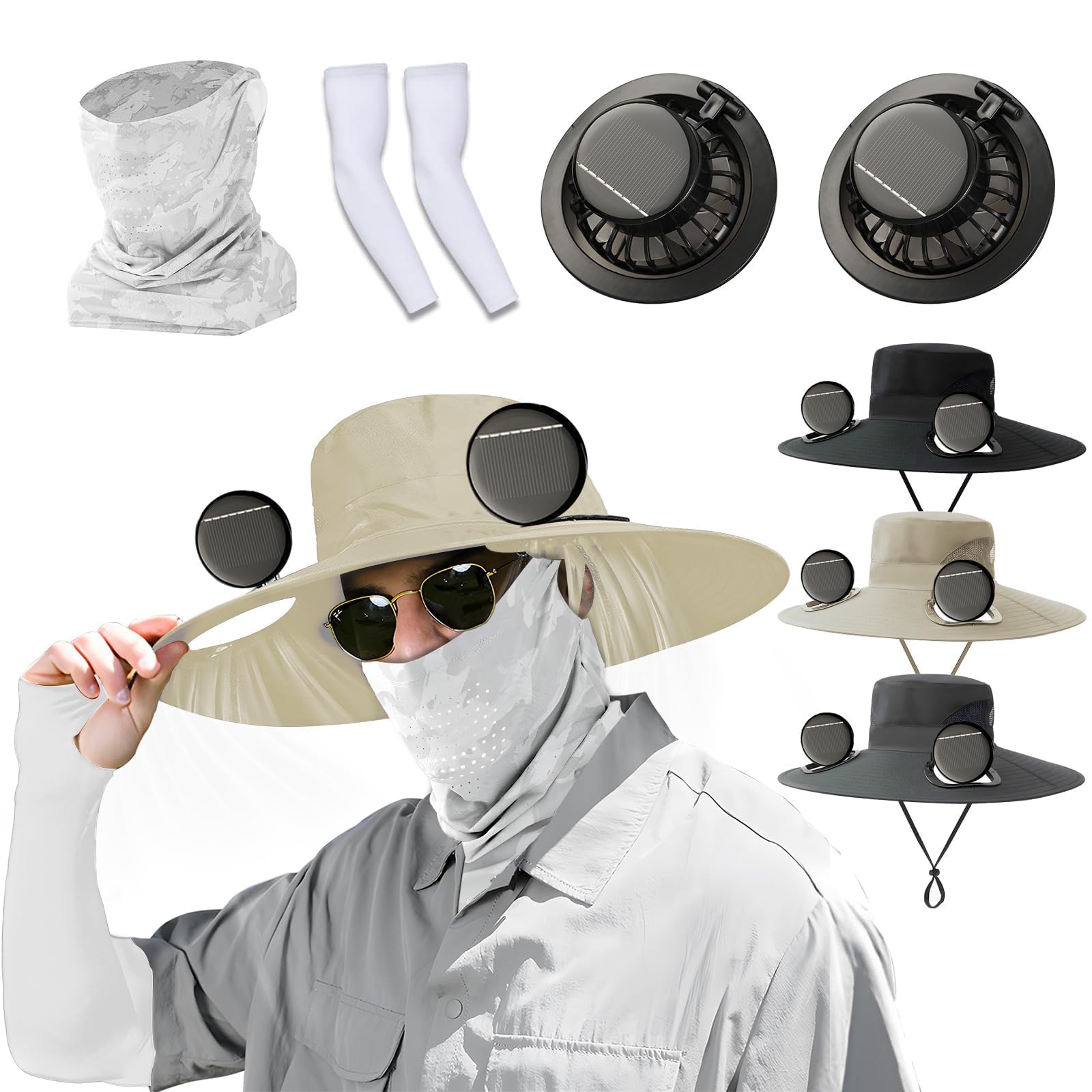 Chapeau de ventilateur à énergie solaire, chapeau de soleil d'extérieur 2025 à large bord avec 2 ventilateurs à énergie solaire pour adultes – Chapeau de pêche d'été avec protection UV